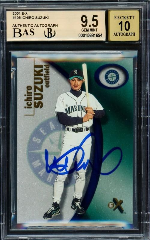 Ichiro Suzuki Signed 2001 Fleer E-X RC 105 BGS 9.5 Sig 10 #1619/1999 Beckett: Condition: Ungraded - Very good: Not in original packaging or professionally graded ,Player/Athlete: Ichiro Suzuki,Player: Ichiro Suzuki,Team: Seattle Mariners,Sport: Baseball,Product: