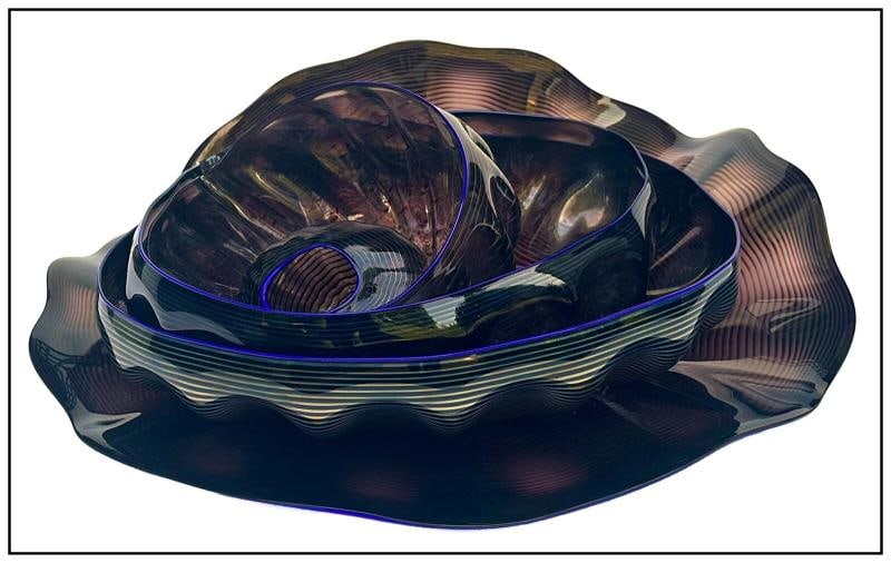 Dale Chihuly Large Original 5 Piece Seaform Macchia Set Hand Signed Blown Glass: Condition: Used,Country of Origin: United States,Artist: Dale Chihuly,Signed By: Dale Chihuly,Size: Large,Signed: Yes,Title: 5 Piece Seaform Macchia Set with Cobalt Lip Wraps,Material:
