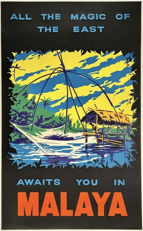 Original Vintage Poster MAGIC AWAITS YOU IN MALAYA Asia Travel Singapore LINEN: Dimensions: 24.2 x 39.4 in. / 61.5 x 100 cm. ; Circa: 1950s Original vintage "ALL THE MAGIC OF THE EAST AWAITS YOU IN MALAYA" poster designed by an anonymous artist, and printed circa 1950s.