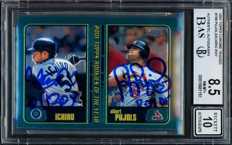 Albert Pujols Ichiro Auto 2001 Topps Chrome Traded RC T99 BGS 8.5 Sig 10 ROY BAS: Condition: Ungraded - Very good: Not in original packaging or professionally graded ,Player/Athlete: Ichiro Suzuki,Player: Ichiro Suzuki,Sport: Baseball,Product: Card,Autographed: Yes,Signed By: Ichir