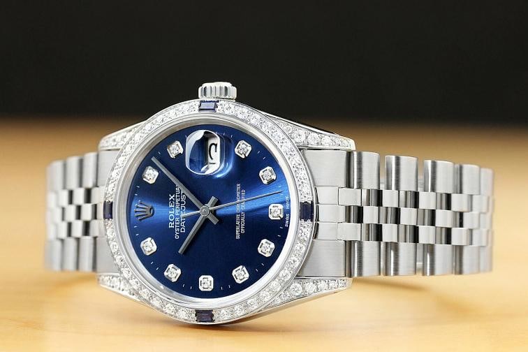 ROLEX MENS DATEJUST 18K WHITE GOLD DIAMOND SAPPHIRE STEEL 16014 QUICKSET WATCH - 2