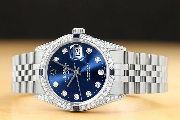 ROLEX MENS DATEJUST 18K WHITE GOLD DIAMOND SAPPHIRE STEEL 16014 QUICKSET WATCH - 3