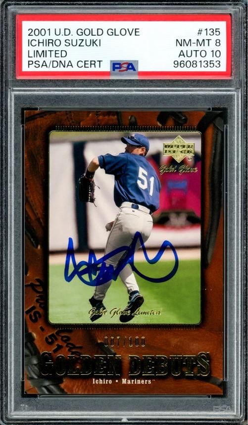 Ichiro Suzuki Auto 2001 Upper Deck GG Limited RC 135 PSA 8 Sig 10 7/100 PSA/DNA: Condition: Ungraded - Very good: Not in original packaging or professionally graded ,Player/Athlete: Ichiro Suzuki,Player: Ichiro Suzuki,Team: Seattle Mariners,Sport: Baseball,Product: