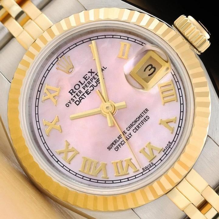 ROLEX LADIES DATEJUST 69173 PINK MOTHER OF PEARL ROMAN DIAL 18K GOLD STEEL WATCH: Condition: Pre-owned - Excellent,Department: Women's,Brand: Rolex,Style: Dress/Formal, Luxury, Luxury: Dress Styles,Features: 12-Hour Dial, Chronometer, Sapphire Crystal, Screwdown Crown, Self-Winding
