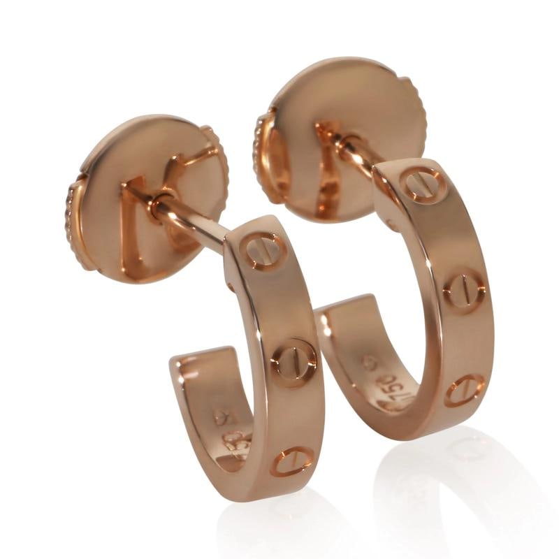 Cartier Rose Gold Small Model Love Hoop Earrings: Condition: Pre-owned,Item Length: 13 mm,Country of Origin: France,With Original Box/Packaging: Yes,Side Stone Type: No Stone,Metal Purity: 18k,With Papers: No,Gross Weight (grams): 3.58,Department: