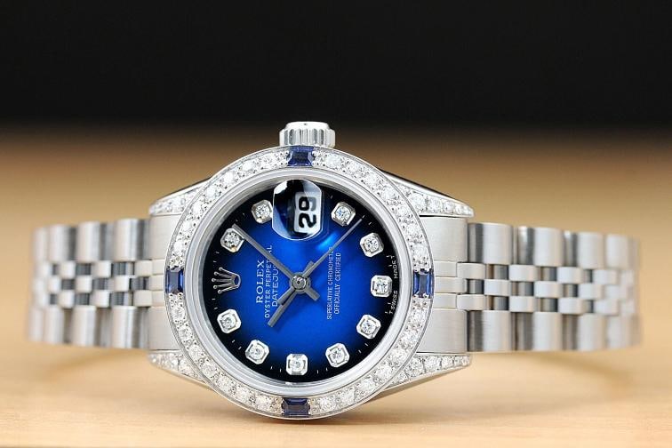 ROLEX LADIES DATEJUST 69174 18K GOLD SS BLUE VIGNETTE DIAMOND BEZEL LUGS WATCH - 3