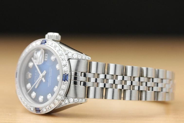 ROLEX LADIES DATEJUST 69174 18K GOLD SS BLUE VIGNETTE DIAMOND BEZEL LUGS WATCH - 4
