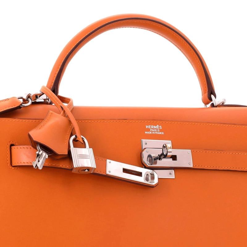 Hermes Kelly Handbag Orange Box Calf with Palladium Hardware 32 - 7
