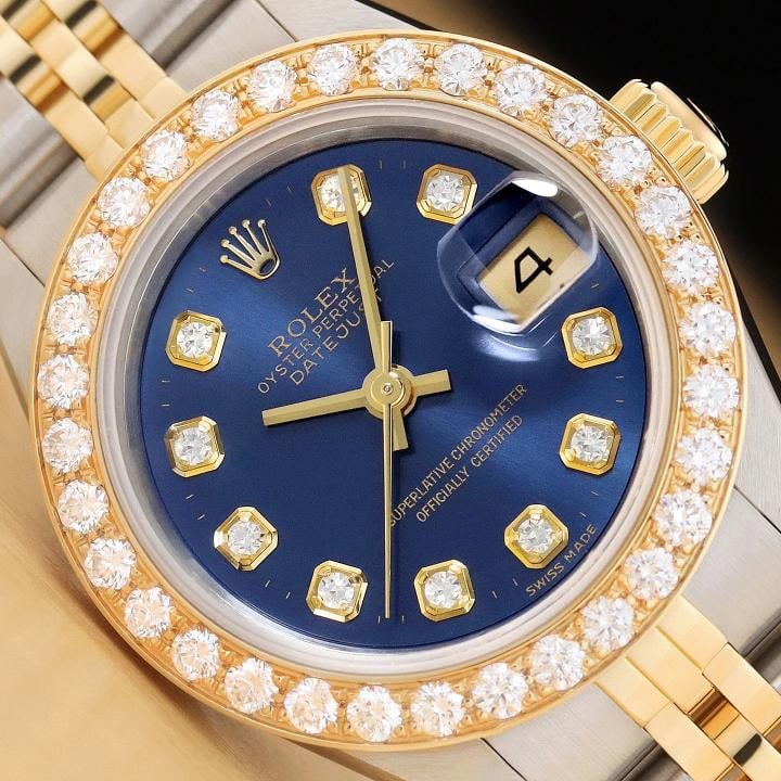 LADIES ROLEX DATEJUST 1.13 CT DIAMOND TWO-TONE 18K GOLD SS QUICKSET WATCH: Condition: Pre-owned - Excellent,Bezel Color: Gold,Max Wrist Size: 6.26-6.75 in,Number of Jewels: 29 Jewels,Indices: Diamond Markers, 12-Hour Dial,Band: Rolex Two-Tone Jubilee Bracelet,Bezel: Custom 1