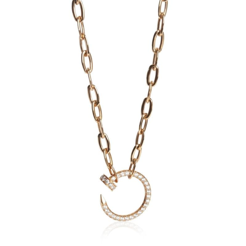 Cartier Rose Gold Diamond Juste Un Clou Necklace: Condition: Pre-owned,Pendant Shape: Round Brilliant,Necklace Length: 18 in,Country of Origin: France,Clasp/Buckle Type: Fishhook,With Original Box/Packaging: Yes,With Papers: Yes,Side Stone Type: