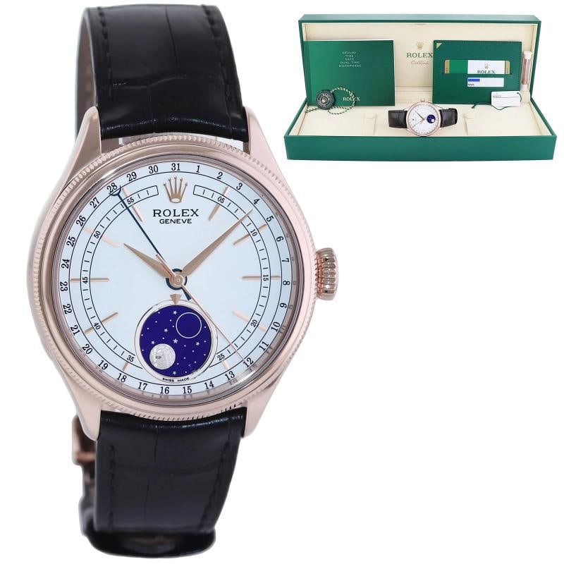 MINT PAPERS Rolex Cellini Moonphase White Dial Rose Gold 39mm Leather 50535: Case & Dial Case Material: Rolex Rose Gold Case Size: 39mm Bezel: Rolex Rose Gold Crystal: Rolex Sapphire Dial: Rolex White Movement & Bracelet Movement: Rolex Automatic Bracelet Material: Rolex Leath
