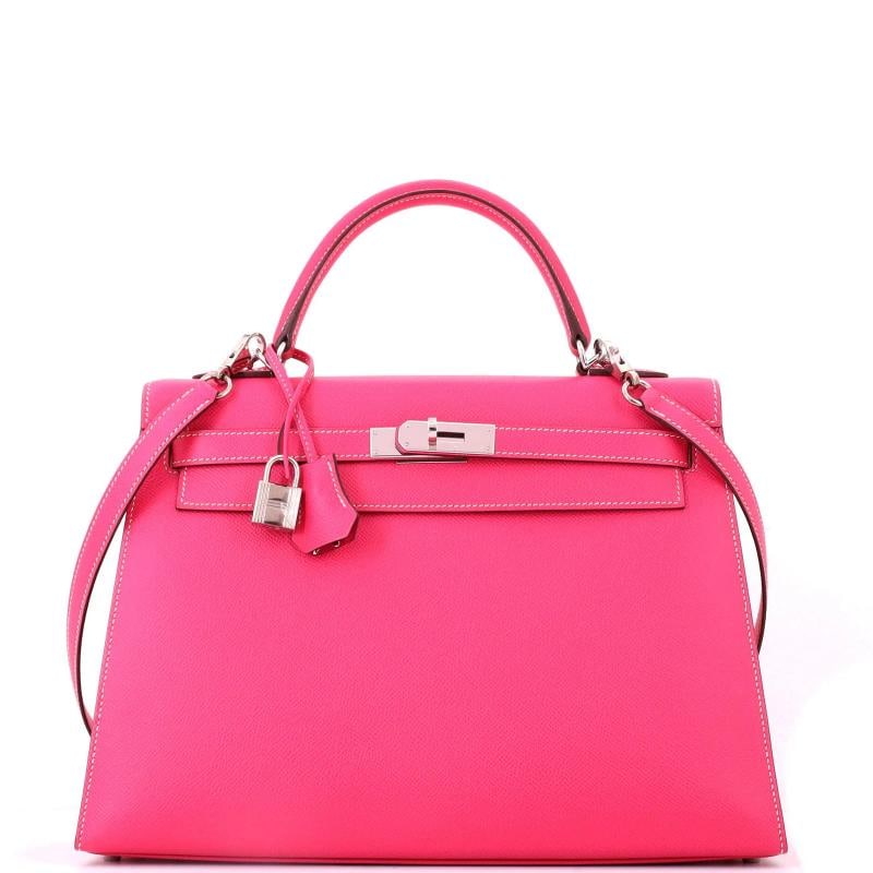 Hermes Kelly Handbag Pink Epsom with Palladium Hardware 32: Accessories: Lock, Keys, Clochette, With Strap Measurements: Height 9", Width 12.5", Depth 4". Condition: Pre-owned - Good,Brand: Hermes,Exterior Material: Leather,Style: Top Handle,Exterior Color: Pi
