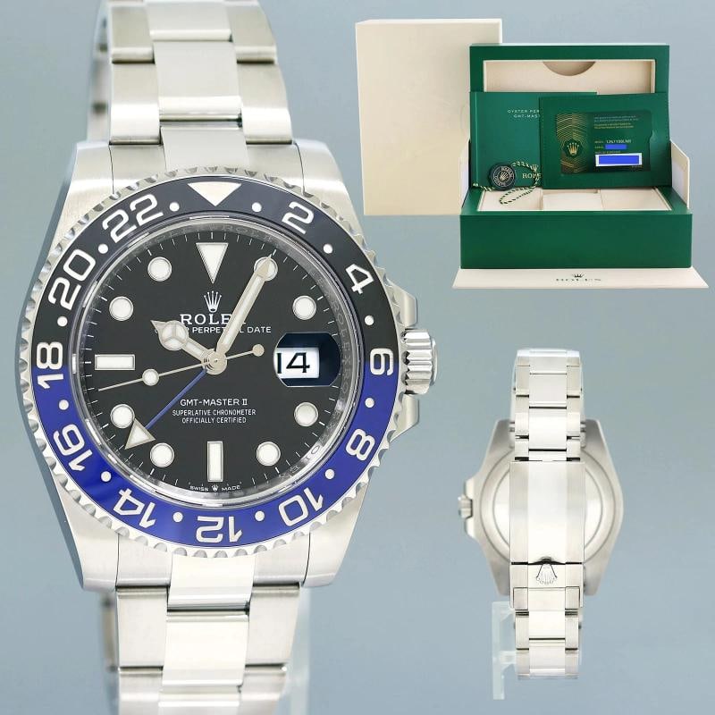 2022 NEW PAPERS Rolex 126710BLNR GMT Master II Batman Black Blue Oyster Ceramic: Case & Dial Case Material: Rolex Stainless Steel Case Size: 40mm Bezel: Rolex Black and Blue Ceramic Batman Crystal: Rolex Sapphire Dial: Rolex Black Movement & Bracelet Movement: Rolex Automatic Brac