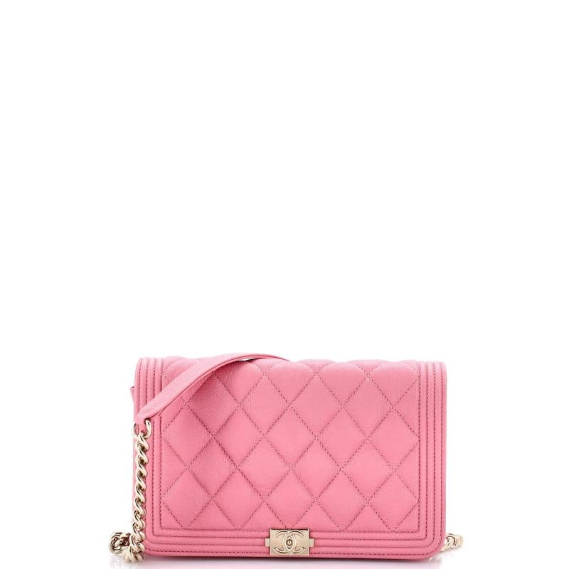 Chanel Boy Wallet on Chain Quilted Caviar: Measurements: Height 4.5", Width 8", Depth 2.5", Strap Drop 24" . Condition: Pre-owned - Excellent,Brand: Chanel,Exterior Material: Leather,Style: Cross Body Bags,Exterior Color: Pink,Department: Wome