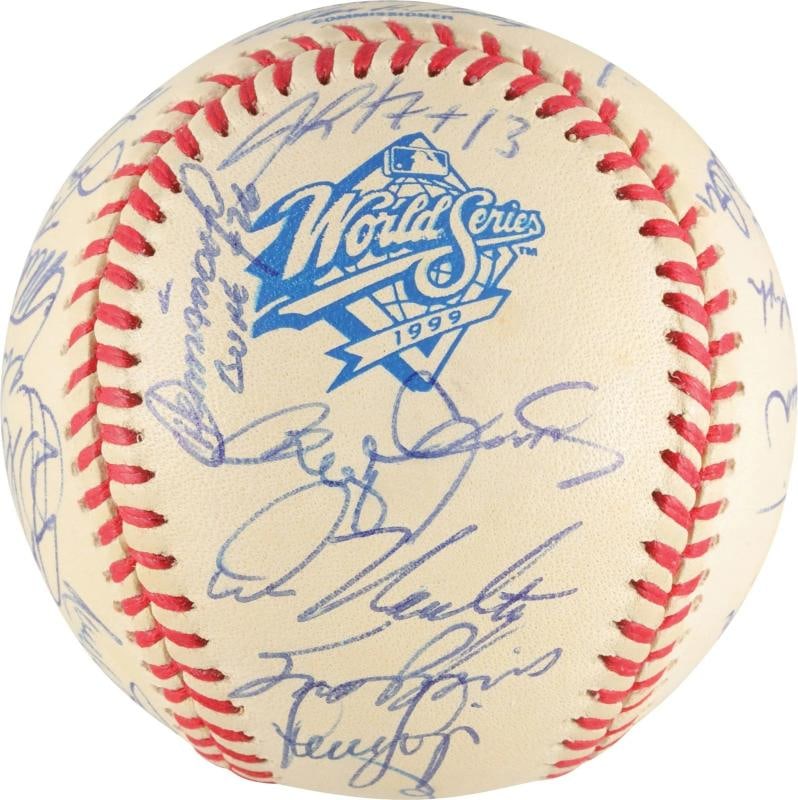 1999 Yankees Team Signed World Series Baseball Derek Jeter Mariano Rivera PSA: signed in blue ink by thirty-one members of the 1999 World Champion New York Yankees, including Jeter, Torre (Mgr., sweet spot), Rivera, Cone, O'Neill, Martinez, Stanton, Nelson, Girardi, Pettitte, He