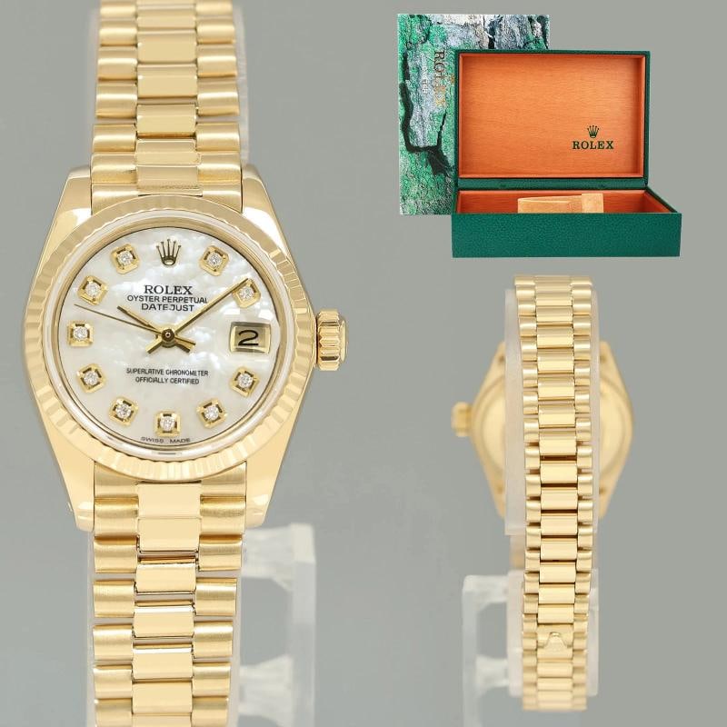 Ladies Rolex DateJust Mother of Pearl Diamond President 26mm 6917 Yellow Gold: Case & Dial Case Material: Rolex Yellow Gold Case Size: 26mm Bezel: Rolex Yellow Gold Diamond Crystal: Rolex Sapphire Dial: Custom Champagne Movement & Bracelet Movement: Rolex Automatic Bracelet Desi