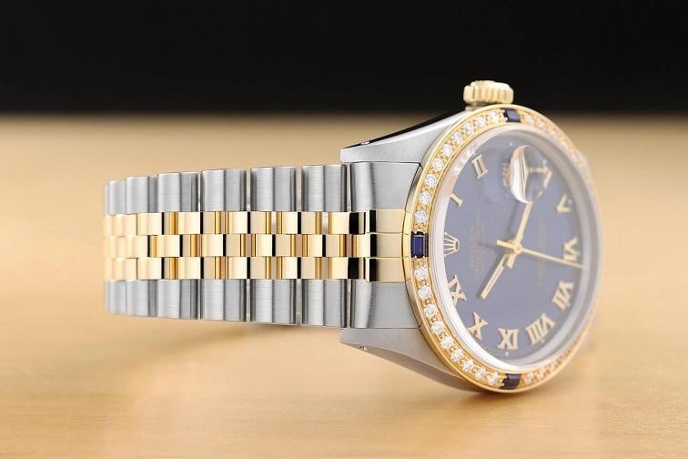 ROLEX MENS DATEJUST 16013 BLUE ROMAN DIAL SAPPHIRE DIAMOND 18K GOLD STEEL WATCH - 7