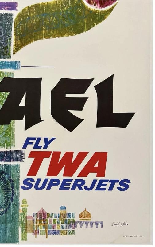 Original Vintage Poster ISRAEL FLY TWA SUPERJETS Airline Travel KLEIN LINEN - 5