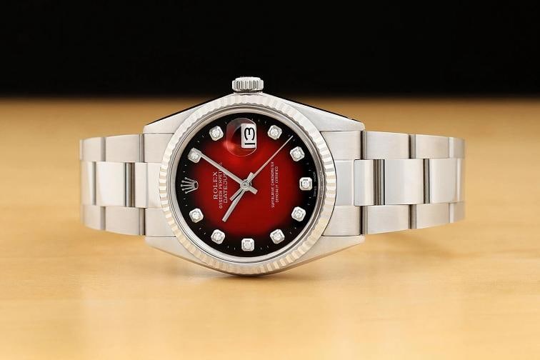 ROLEX MENS DATEJUST 16014 RED VIGNETTE DIAMOND DIAL 18K GOLD STEEL OYSTER WATCH - 3