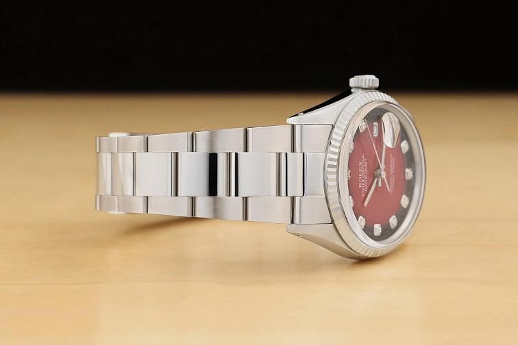 ROLEX MENS DATEJUST 16014 RED VIGNETTE DIAMOND DIAL 18K GOLD STEEL OYSTER WATCH - 7