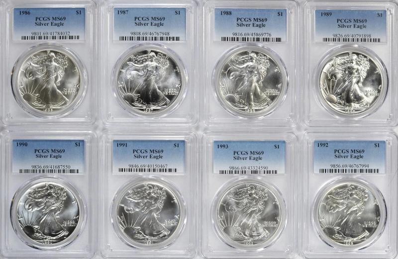1986-2026 American Silver Eagles Complete 42 - Coin Set Each Graded PCGS MS69: Coin: American Eagle,Composition: Silver,Year: 1986-2024,Strike Type: Business,Grade: MS 69,Precious Metal Content per Unit: 1 oz,Modified Item: No,Certification: PCGS