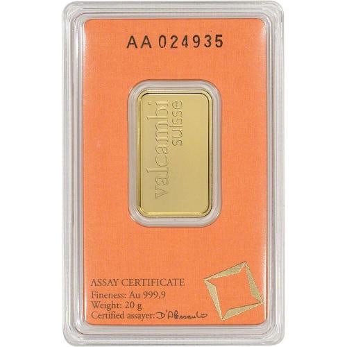 20 gram Gold Bar - Valcambi Suisse - 999.9 Fine in Sealed Assay - 2