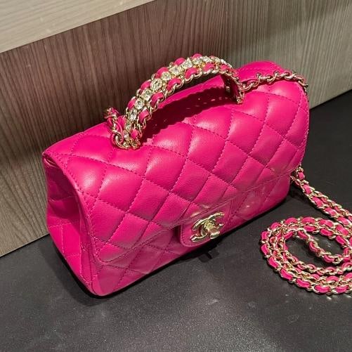 Chanel Mini Crystal & Brass Top Handle Bag in Dark Pink - 4