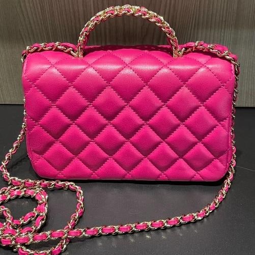 Chanel Mini Crystal & Brass Top Handle Bag in Dark Pink - 6
