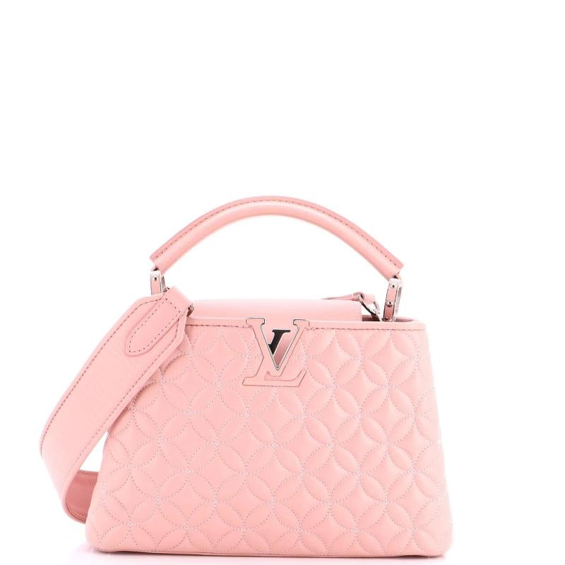 Louis Vuitton Capucines Bag Monogram Flower Quilted Lambskin BB: Accessories: Dust Bag, With Strap Measurements: Height 7", Width 10.5", Depth 3.5". Condition: Pre-owned - Good,Brand: Louis Vuitton,Exterior Material: Leather,Style: Top Handle,Exterior Color: Pink,D