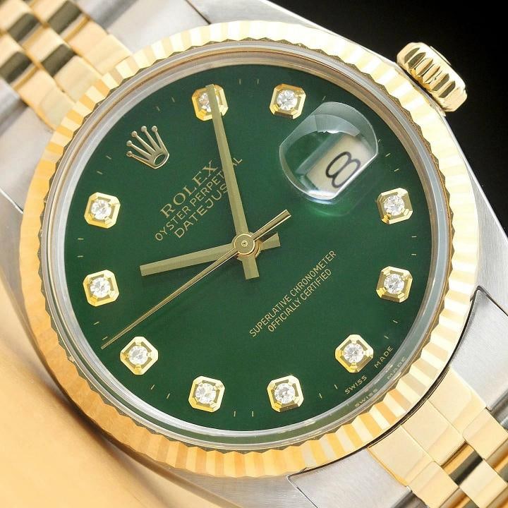 ROLEX MENS DATEJUST 16013 GREEN 18K YELLOW GOLD STEEL QUICKSET DIAMOND WATCH: This is an authentic Rolex Datejust 16013 watch with Rolex two tone 18K yellow gold and stainless steel jubilee bracelet, Rolex dial Ref. with added genuine diamond markers, and Rolex 18K yellow gold 
