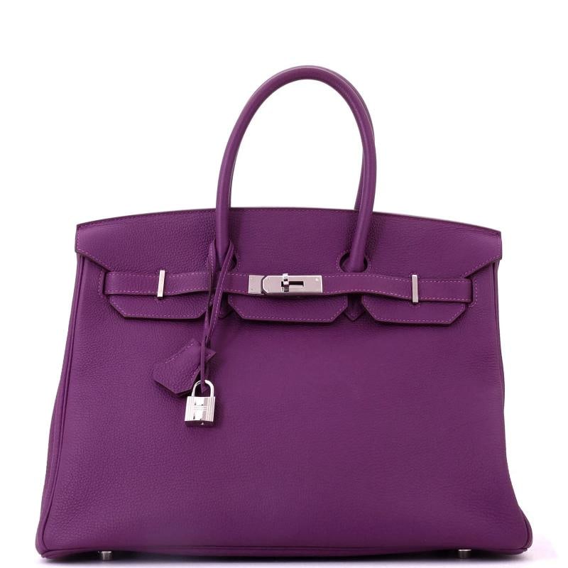 Hermes Birkin Handbag Purple Togo with Palladium Hardware 35: Accessories: Lock, Keys, Dust Bag, Clochette Measurements: Height 10", Width 13.5", Depth 7". Condition: Pre-owned - Good,Brand: Hermes,Exterior Material: Leather,Style: Totes,Exterior Color: Purple,D