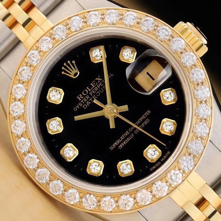 ROLEX LADIES DATEJUST 69173 BLACK 1.1 CT DIAMOND BEZEL 18K GOLD STEEL WATCH: Condition: Pre-owned - Excellent,Bezel Color: Gold,Max Wrist Size: 6.26-6.75 in,Number of Jewels: 29 Jewels,Indices: Diamond Markers, 12-Hour Dial,Band: Rolex Two Tone Jubilee Bracelet,Bezel: Custom 1