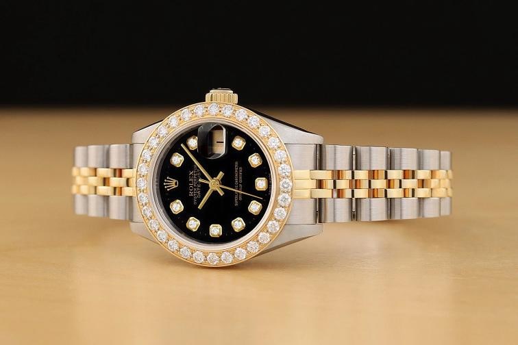 ROLEX LADIES DATEJUST 69173 BLACK 1.1 CT DIAMOND BEZEL 18K GOLD STEEL WATCH - 2