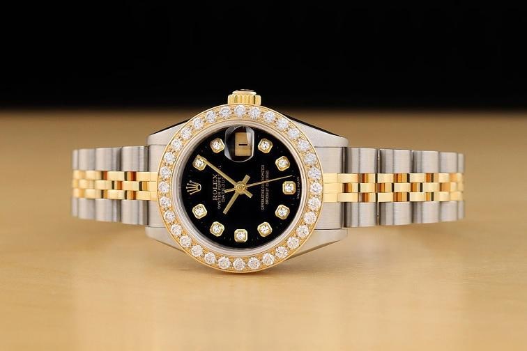 ROLEX LADIES DATEJUST 69173 BLACK 1.1 CT DIAMOND BEZEL 18K GOLD STEEL WATCH - 3