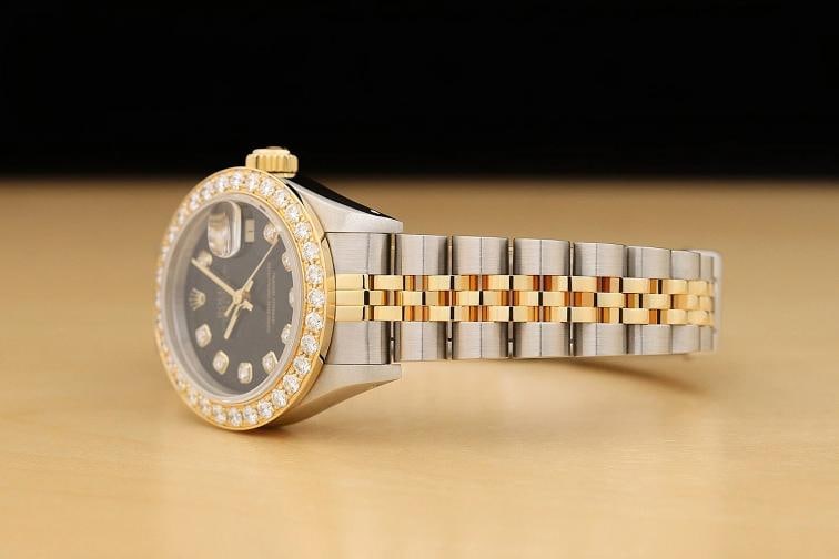 ROLEX LADIES DATEJUST 69173 BLACK 1.1 CT DIAMOND BEZEL 18K GOLD STEEL WATCH - 4
