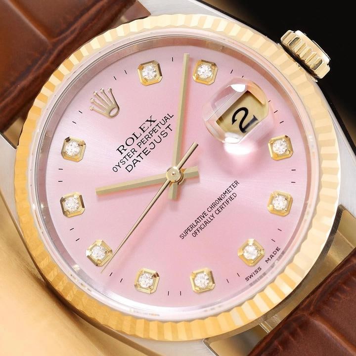 ROLEX MENS DATEJUST 16233 PINK DIAMOND 18K GOLD STEEL WATCH w/ LEATHER BAND: Condition: Pre-owned - Excellent,Country of Origin: Switzerland,Brand: Rolex,Department: Men's,Dial: Rolex Dial Ref. w/ Added Diamond Markers,Bezel: Rolex 18K Yellow Gold Fluted Bezel,Features: 12-Hou