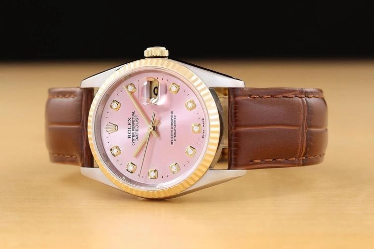 ROLEX MENS DATEJUST 16233 PINK DIAMOND 18K GOLD STEEL WATCH w/ LEATHER BAND - 2
