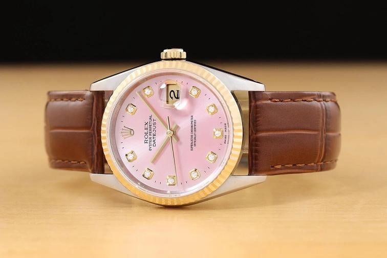 ROLEX MENS DATEJUST 16233 PINK DIAMOND 18K GOLD STEEL WATCH w/ LEATHER BAND - 3