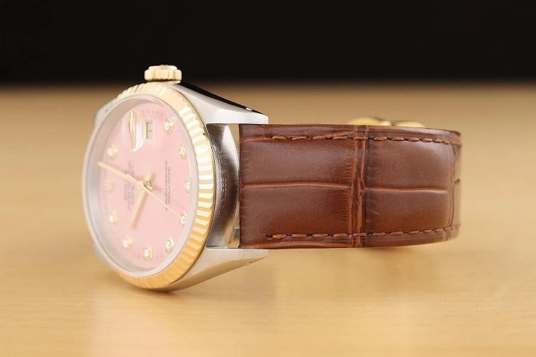 ROLEX MENS DATEJUST 16233 PINK DIAMOND 18K GOLD STEEL WATCH w/ LEATHER BAND - 4