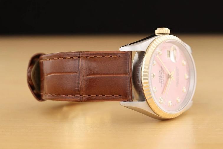 ROLEX MENS DATEJUST 16233 PINK DIAMOND 18K GOLD STEEL WATCH w/ LEATHER BAND - 7