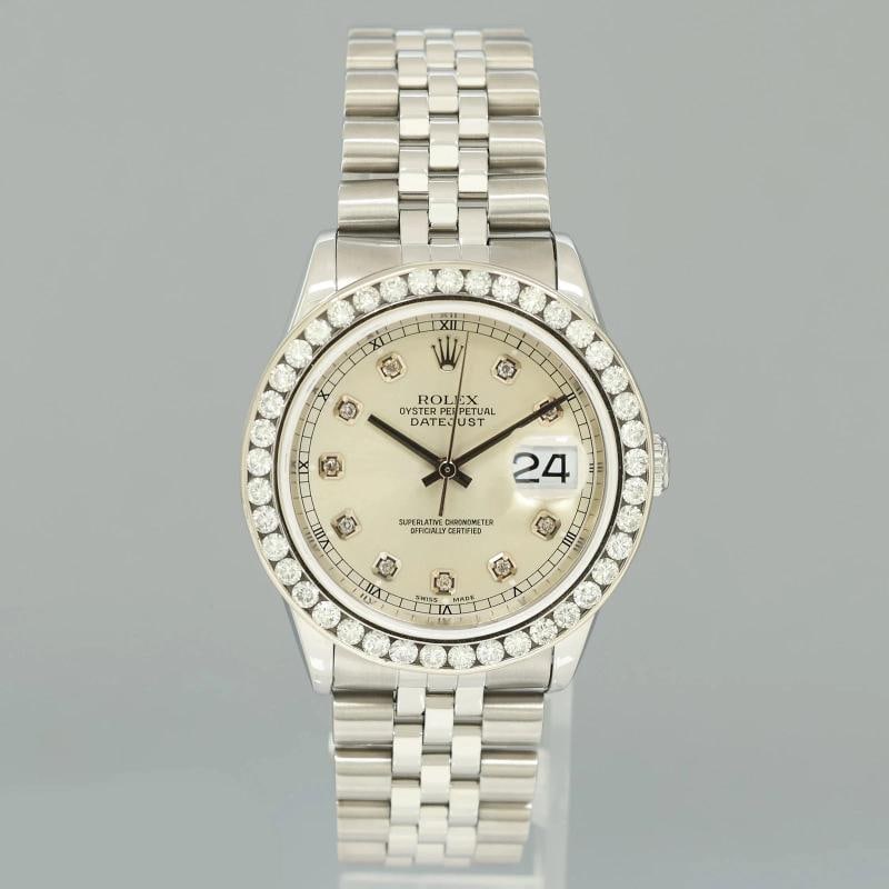 DIAMOND Bezel Rolex DateJust 36mm Silver Diamond 16200 Jubilee Steel Watch Box - 2