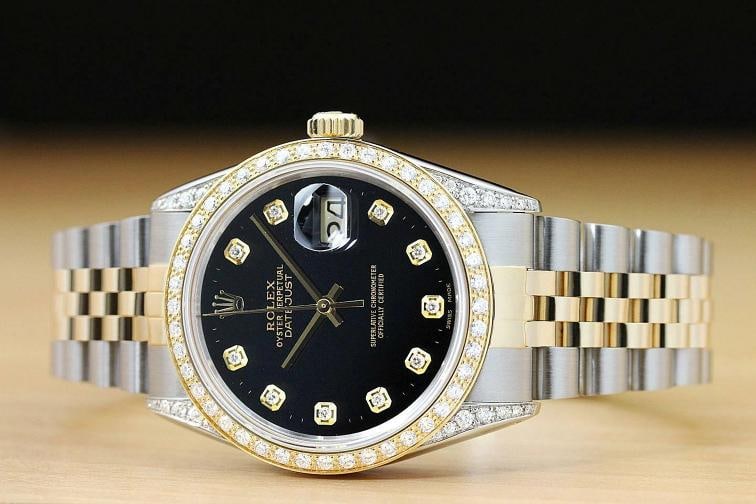 ROLEX MENS DATEJUST 16013 BLACK 18K GOLD STEEL DIAMOND BEZEL AND LUGS WATCH - 3