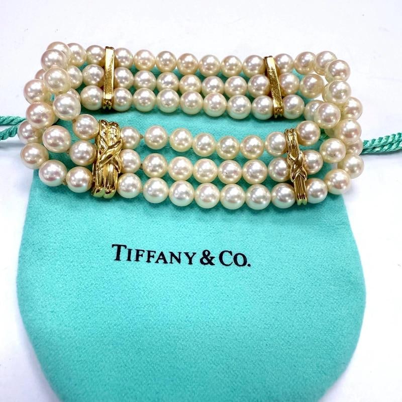 Tiffany & Co Signature X Akoya Pearl Triple Strand Bracelet 18k Yellow Gold: Condition: Pre-owned - Good,Signed: Yes,Metal: Yellow Gold,Item Length: 7 in,Secondary Stone: Pearl,Modified Item: No,Main Stone: Pearl,Brand: Tiffany & Co.,Personalize: No,Type: Bracelet,Metal Purity