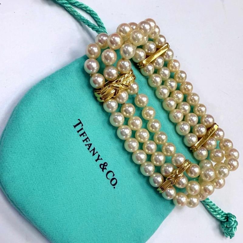 Tiffany & Co Signature X Akoya Pearl Triple Strand Bracelet 18k Yellow Gold - 4