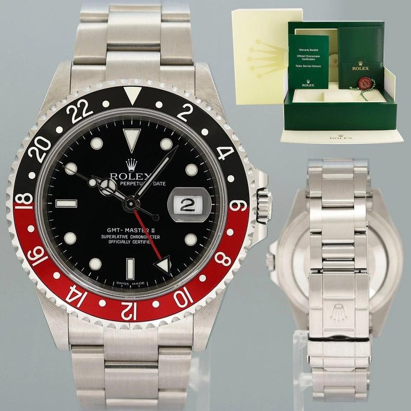 2006 MINT COKE Rolex GMT-Master II Red Black Steel Error Rectangular 16710 Watch: Case & Dial Case Material: Rolex Stainless Steel Case Size: 40mm Bezel: Rolex Red and Black "Coke" Crystal: Rolex Sapphire Dial: Rolex Error Stick Black with Date and GMT Movement & Bracelet Movement: