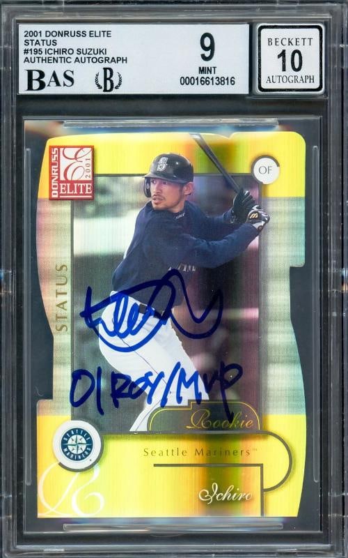 Ichiro Suzuki Auto 2001 Donruss Elite Status RC 195 BGS 9 Sig 10 ROY/MVP Beckett: Condition: Ungraded - Very good: Not in original packaging or professionally graded ,Player/Athlete: Ichiro Suzuki,Player: Ichiro Suzuki,Team: Seattle Mariners,Sport: Baseball,Product: Card,Autographe