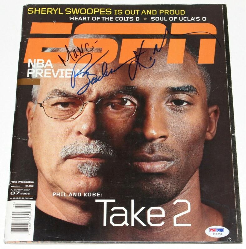 LOS ANGELES LAKERS KOBE BRYANT & PHIL JACKSON SIGNED ESPN MAGAZINE PSA/DNA COA: Product: Magazine,Player: Kobe Bryant,Sport: Basketball-NBA,Autograph Authentication: Professional Sports (PSA/DNA),Team: Los Angeles Lakers,Original/Reprint: Original,Country of Origin: United States