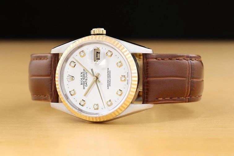 ROLEX MENS DATEJUST 16233 WHITE DIAMOND 18K GOLD STEEL WATCH w/ LEATHER BAND - 2