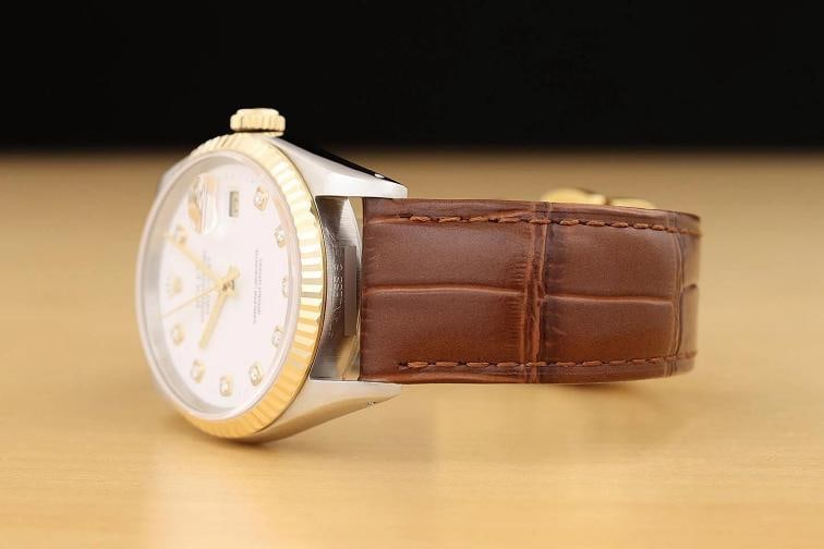 ROLEX MENS DATEJUST 16233 WHITE DIAMOND 18K GOLD STEEL WATCH w/ LEATHER BAND - 4