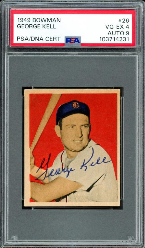 George Kell Signed 1949 Bowman RC 26 Tigers PSA 4 Auto Mint 9 PSA/DNA #103714231: Condition: Ungraded - Very good: Not in original packaging or professionally graded ,Player/Athlete: George Kell,Player: George Kell,Team: Tigers,Sport: Baseball,Product: Card,Autographed: Yes,Signed 